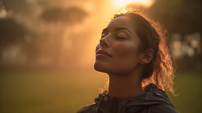 woman gazing with closed eyes enjoying golden hour sunset in park, serene portrait with warm backlight and breeze in hair, outdoor wellness mood, soft atmosphere - Powered by Adobe
