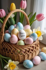 Easter Basket Overflowing with Colorful Eggs and Spring Tulips