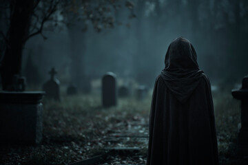 Undead woman in hooded cloak standing in graveyard with tombstones at night, Halloween mystery concept