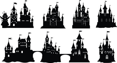 Naklejka premium Silhouette Vector Collection of Medieval Castles and Fortresses with Flags and Towers for Fantasy, Historical, and Architectural Designs
