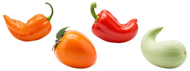 A collection of imperfectly shaped "ugly" produce, including peppers, persimmon, and a gourd