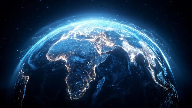 Digital earth hologram in blue tones showcasing global technology network across continents

