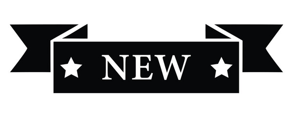 Vector art of black ribbon banner with the word new and stars