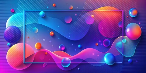 Vibrant abstract colorful bubbles and fluid shapes with neon frame