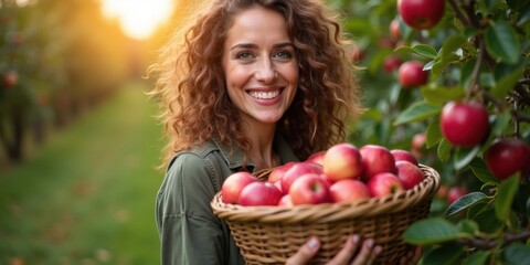 Woman harvesting fresh apples in an orchard at sunset