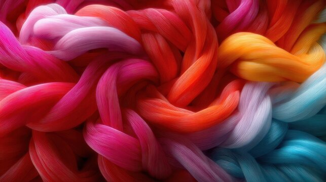 An artistic depiction of intertwining strands of vibrant textiles, showcasing a mesmerizing blend of colors that evoke creativity, warmth, and imagination in design.