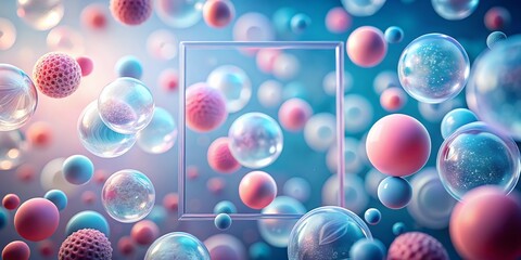Abstract background of colorful floating spheres and bubbles with a central frame