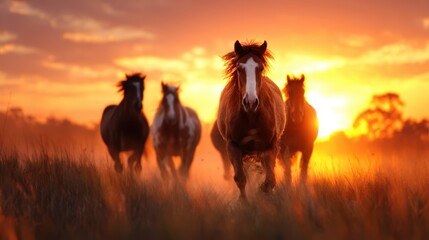This stunning image captures four majestic horses galloping against a breathtaking sunset, embodying freedom and the untamed spirit of nature's beauty.