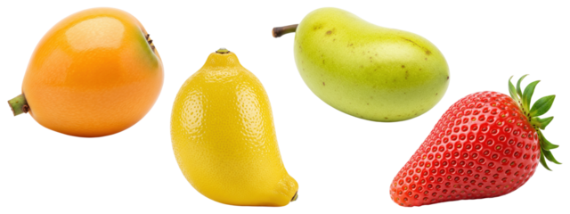A set of various fresh fruits including loquat, lemon, pear, and strawberry