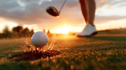 A dramatic shot capturing the moment a golf ball makes contact with the ground at sunset, highlighting the energy and finesse of the game amidst a stunning backdrop.