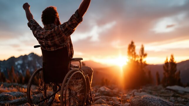 A powerful image depicts a man in a wheelchair raising his arms in triumph at sunset, symbolizing strength, resilience, and the beauty of nature surrounding him.