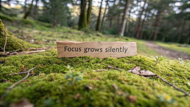 Inspirational Wooden Sign on Mossy Ground in Peaceful Forest Setting