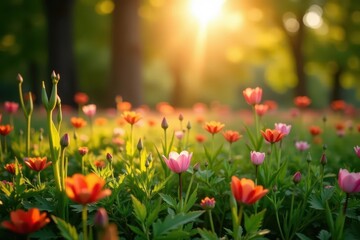 Fototapeta premium Soft evening light bathes wildflowers after spring shower , fresh, bloom