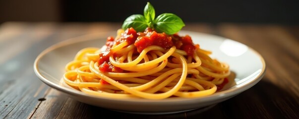 Spaghetti twirled, basil leaves, glistening tomato sauce , food, cooking