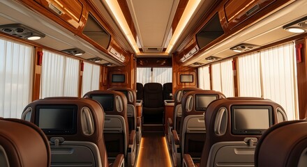 Elegant interior of an empty luxury coach bus with comfortable seating and warm ambient lighting.