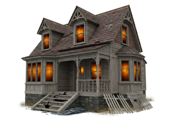 An aged, weathered house, with warm, glowing windows, stands against a dark background.