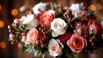 Fototapeta premium A vibrant bouquet featuring a lively mix of roses and seasonal flowers, accented with red berries, bringing joy and beauty to any occasion or setting.