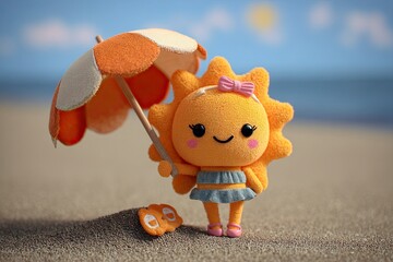 Cute Plush Sun Character Doll Holding Beach Umbrella on Sandy Beach Scene