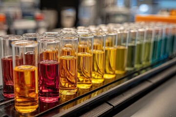 Colorful Test Tubes Filled with Vibrant Liquids in Laboratory Setting