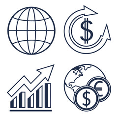 Set of four business and finance icons depicting global economy currency exchange financial growth and international trade