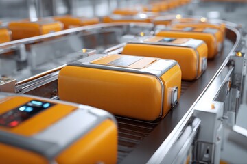 Smart factory conveyor belts with control sensors, tangerine orange and muted silver, overhead working scene