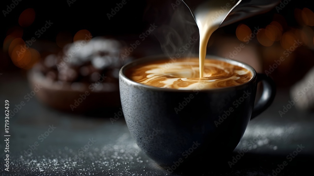 Poster hot coffee is poured into a mug creating intricate latte art amidst soft bokeh lights and scattered 