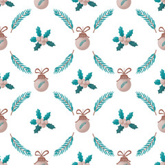 Winter seamless pattern. Christmas retro background with fir branches, holly berry and balls. Hand drawn illustration, design for textil and packaging