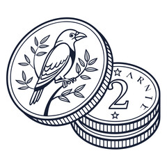 Stylized line art illustration of two coins one featuring a bird on a branch the other displaying the number two