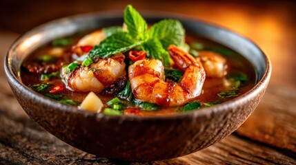 A vibrant bowl of flavorful shrimp soup enriched with fresh mint and colorful vegetables, radiating warmth and enticing aromas, set against a rustic wooden table.