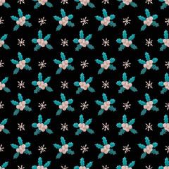 Botanical seamless pattern with Holly Berry branches and snowflakes. Black Christmas background. Hand drawn illustration, design for textil and packaging