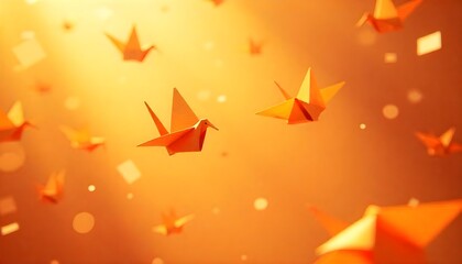 Orange Origami Birds Flying in Dreamy Golden Light Background