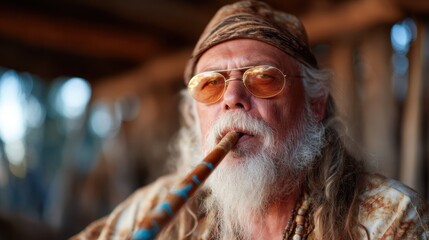 A skilled musician passionately playing a traditional flute, highlighting both artistry and cultural heritage in a serene outdoor setting.