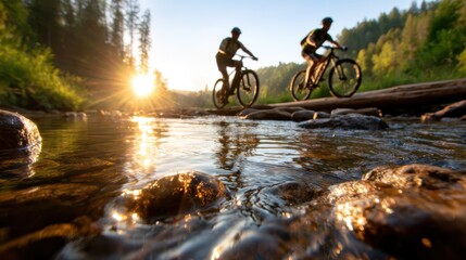 Two cyclists ride alongside a serene river as the sun rises, capturing a moment of adventure and connection with nature in a picturesque outdoor setting.