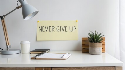 Inspirational Workspace with Motivational Sign and Green Plant