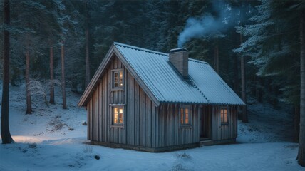 Cozy wooden cabin in a snowy forest with smoke from chimney