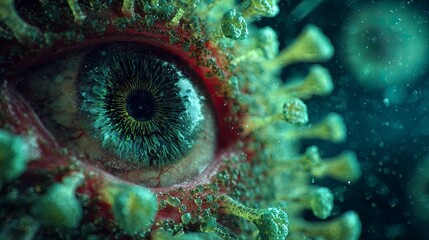 Close-up of Human Eye Surrounded by Virus Particles in Dark Environment