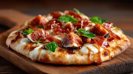 A mouthwatering pizza topped with figs and prosciutto, beautifully presented, merging savory and sweet flavors in a delicious blend that looks appealing and perfect for sharing.
