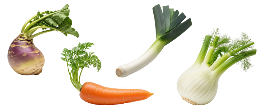 A collection of fresh raw vegetables including a rutabaga, carrot, leek, and fennel bulb