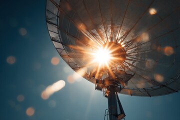 Solar concentrator reflecting sunlight onto central receiver, warm silver and pale orange, crisp lens effect