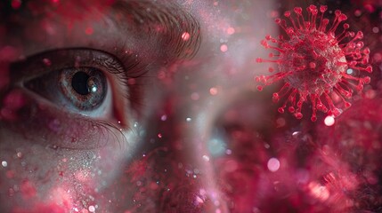 Close Up Human Eye with Red Virus Particle in Digital Illustration