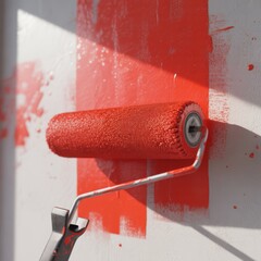 Close-up of a red paint roller applying vibrant red paint to a textured wall