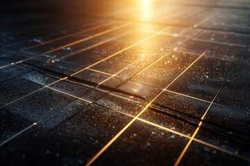 Solar panel texture close-up with sunlight reflections, graphite and golden beige, pattern-focused macro 