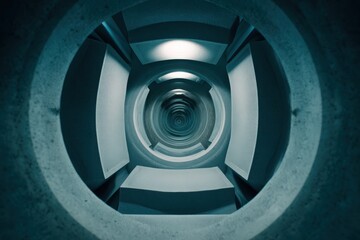 Sound frequency measurement gear in acoustic chamber, pale gray and deep cyan, symmetrical framing 