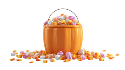 3D illustration of pumpkin bucket overflowing with candy isolated on transparent background 