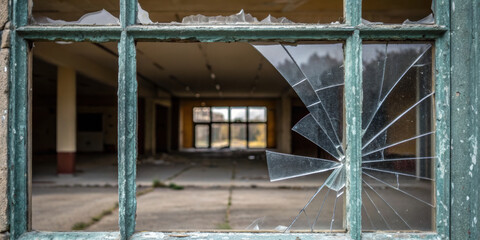 Obraz premium Broken window looking into an abandoned urban house. desolate and forgotten real estate property sad reminder of harsh impact of recession and decay