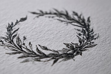 Black Ink Botanical Wreath Sketch on Textured Paper Artistic Hand-drawn Illustration