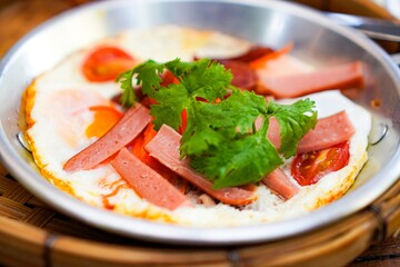 Thai Pan-Fried Egg Breakfast with Ham and Vegetables