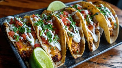 Savory Taco Feast: A delectable array of perfectly crafted tacos, bursting with fresh ingredients and vibrant colors, awaits on a rustic serving dish, promising a delightful culinary experience. 