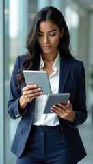 Successful Woman Working With Two Tablets In Office