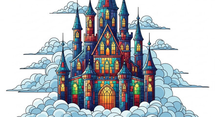A majestic cartoon illustration of a colorful castle floating amidst clouds, , radiating enchantment and fairytale charm